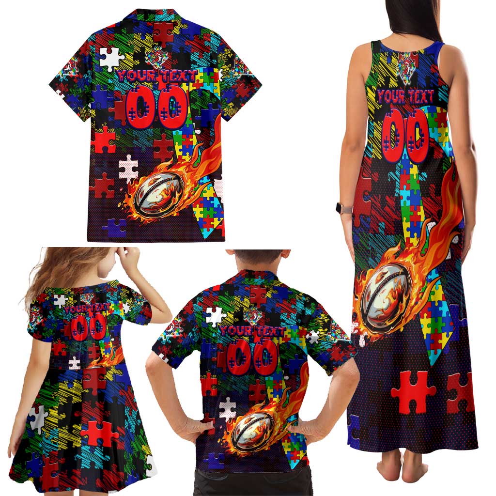 Roosters Autism Awareness Family Matching Tank Maxi Dress and Hawaiian Shirt Puzzle Flames Rugby Ball