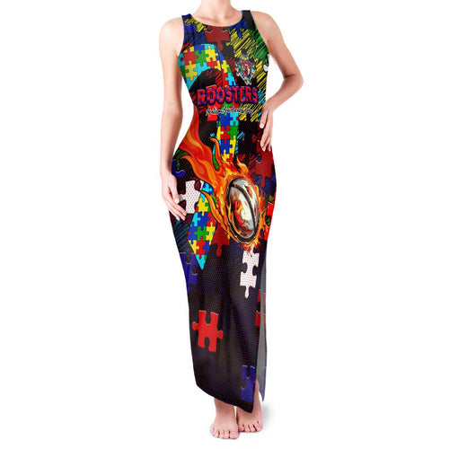 Roosters Autism Awareness Family Matching Tank Maxi Dress and Hawaiian Shirt Puzzle Flames Rugby Ball