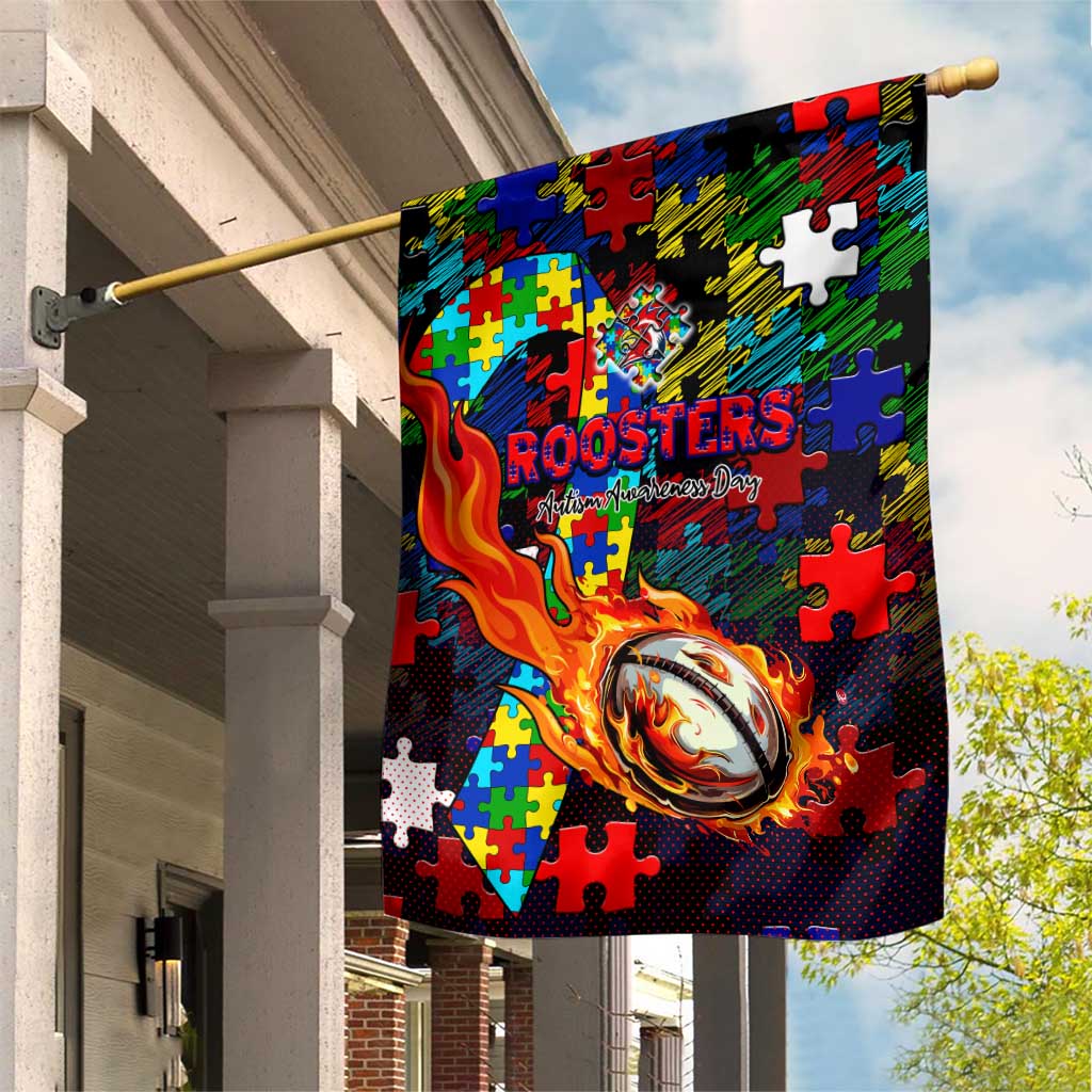 Roosters Autism Awareness Garden Flag Puzzle Flames Rugby Ball