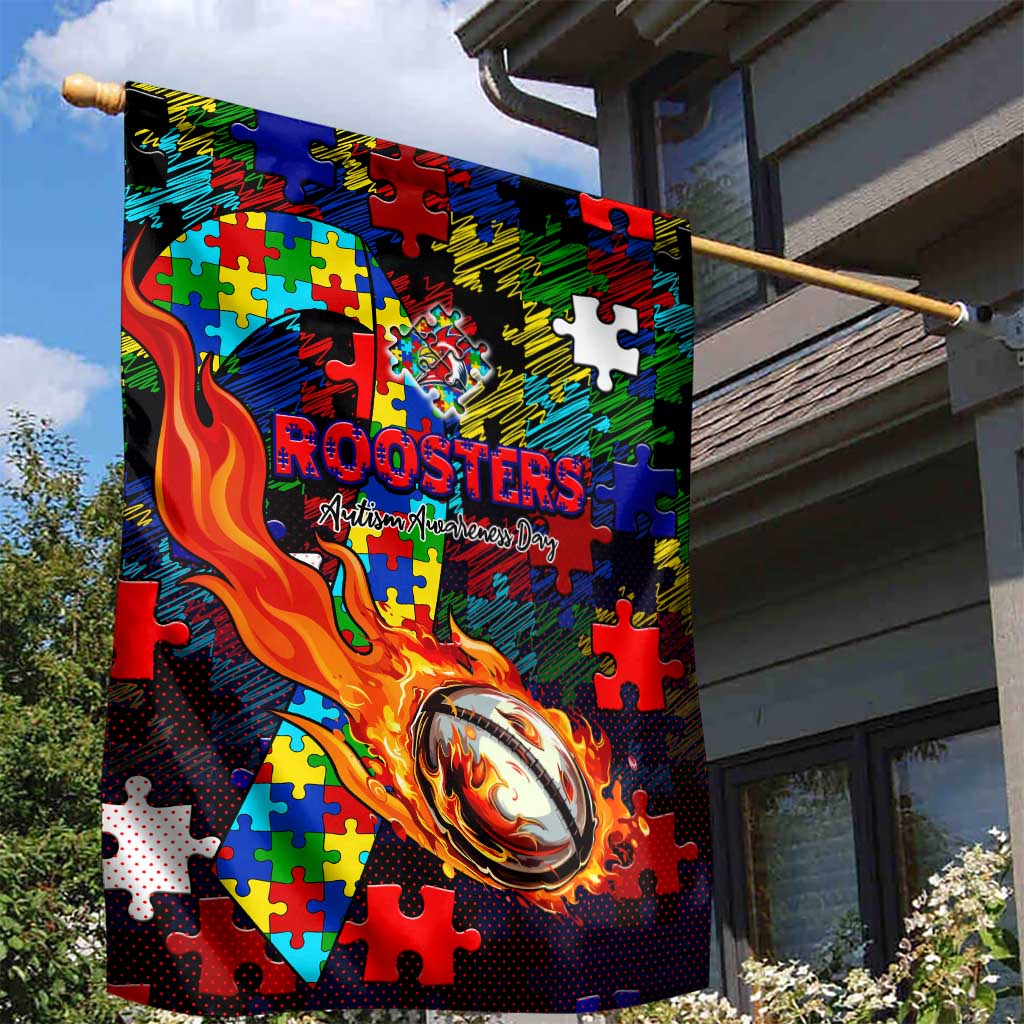 Roosters Autism Awareness Garden Flag Puzzle Flames Rugby Ball