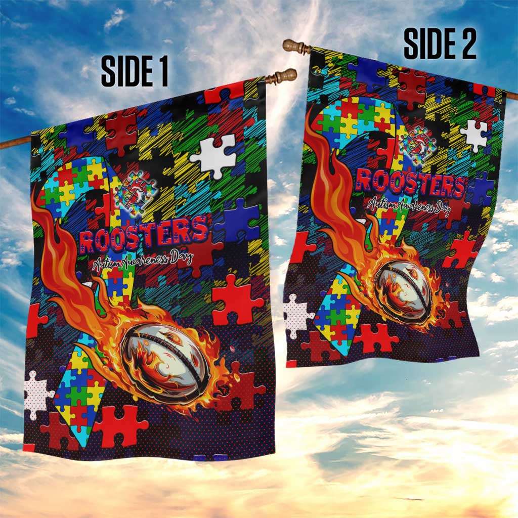 Roosters Autism Awareness Garden Flag Puzzle Flames Rugby Ball