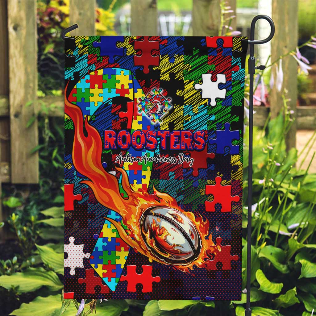 Roosters Autism Awareness Garden Flag Puzzle Flames Rugby Ball