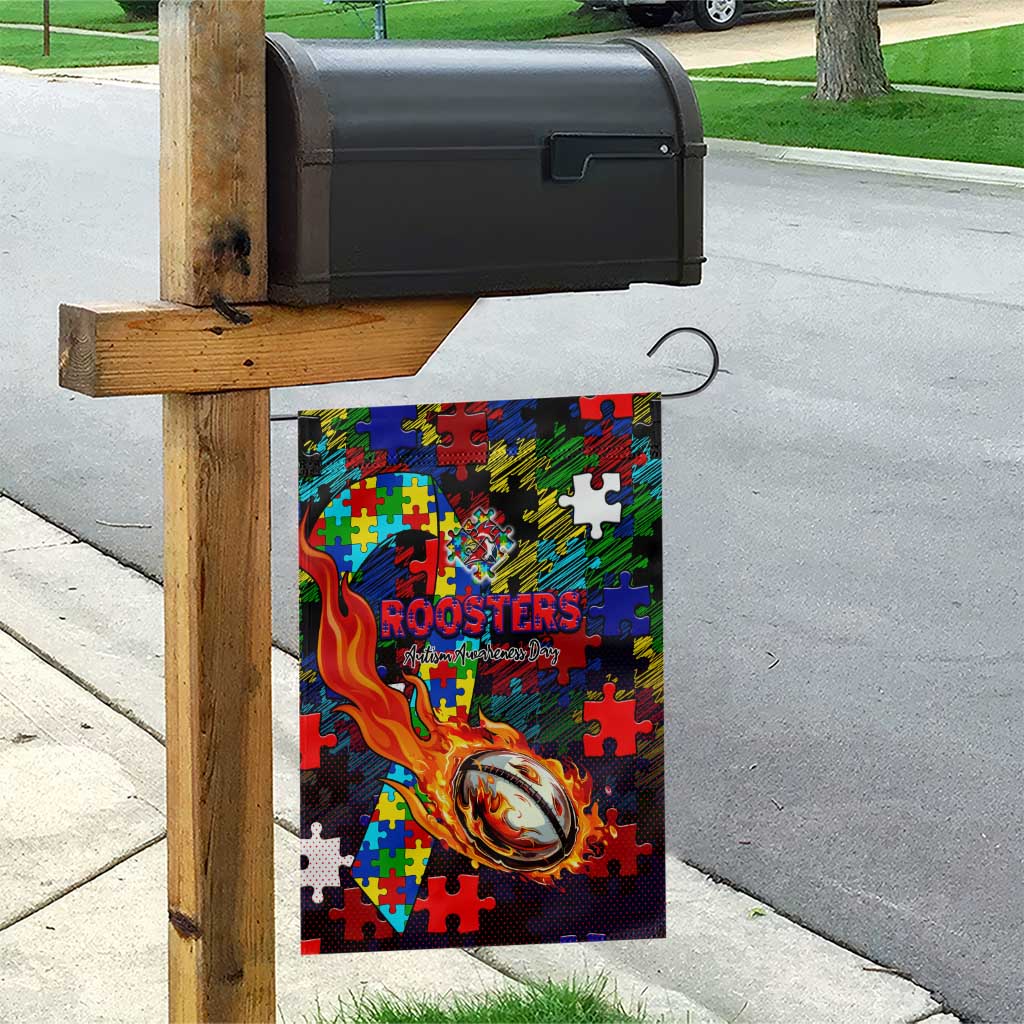 Roosters Autism Awareness Garden Flag Puzzle Flames Rugby Ball