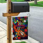 Roosters Autism Awareness Garden Flag Puzzle Flames Rugby Ball