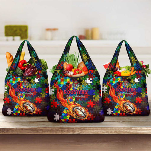 Roosters Autism Awareness Grocery Bag Puzzle Flames Rugby Ball