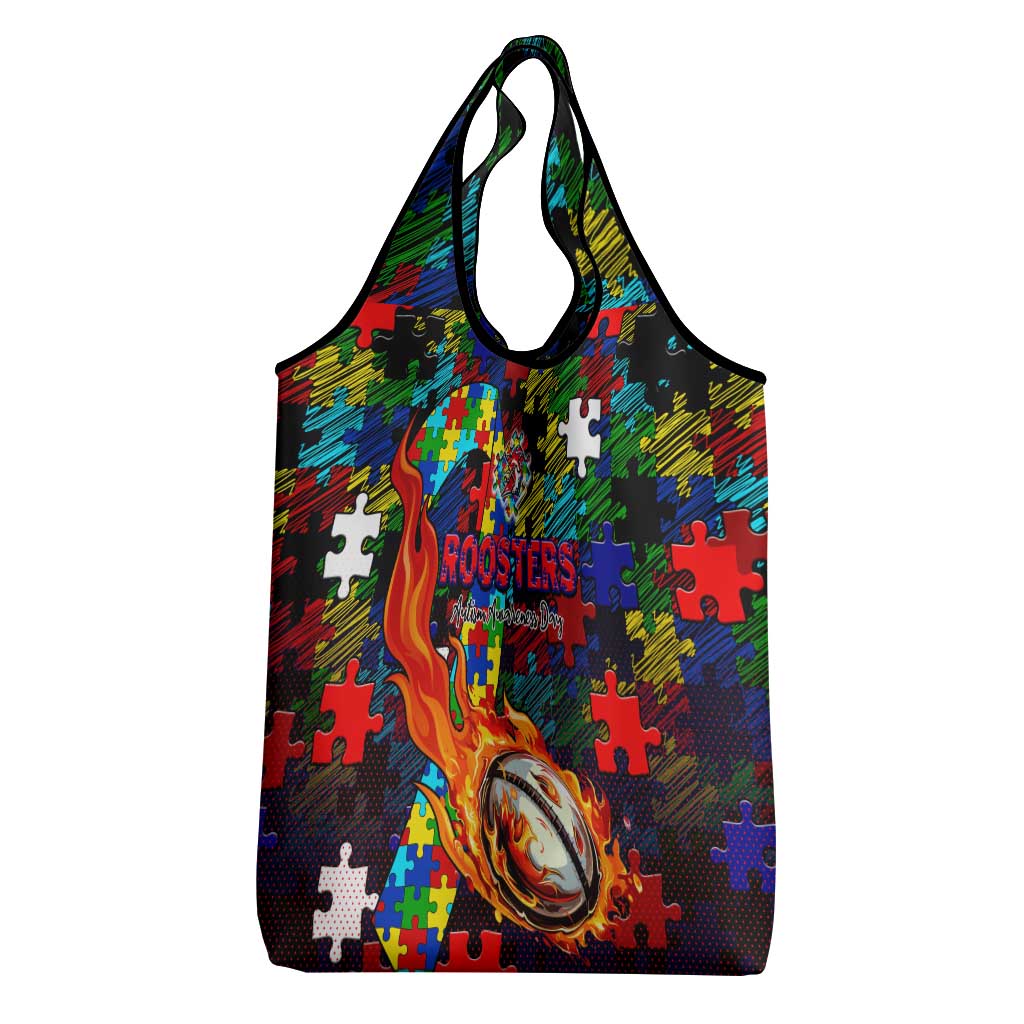 Roosters Autism Awareness Grocery Bag Puzzle Flames Rugby Ball