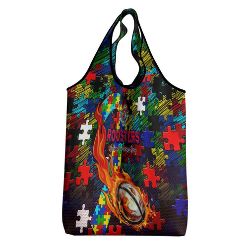 Roosters Autism Awareness Grocery Bag Puzzle Flames Rugby Ball