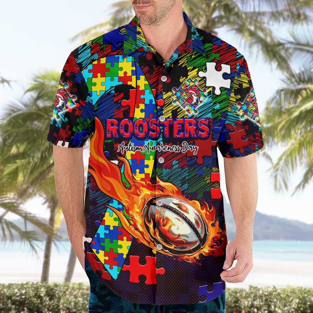 Roosters Autism Awareness Hawaiian Shirt Puzzle Flames Rugby Ball