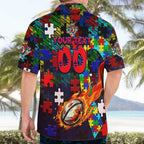 Roosters Autism Awareness Hawaiian Shirt Puzzle Flames Rugby Ball