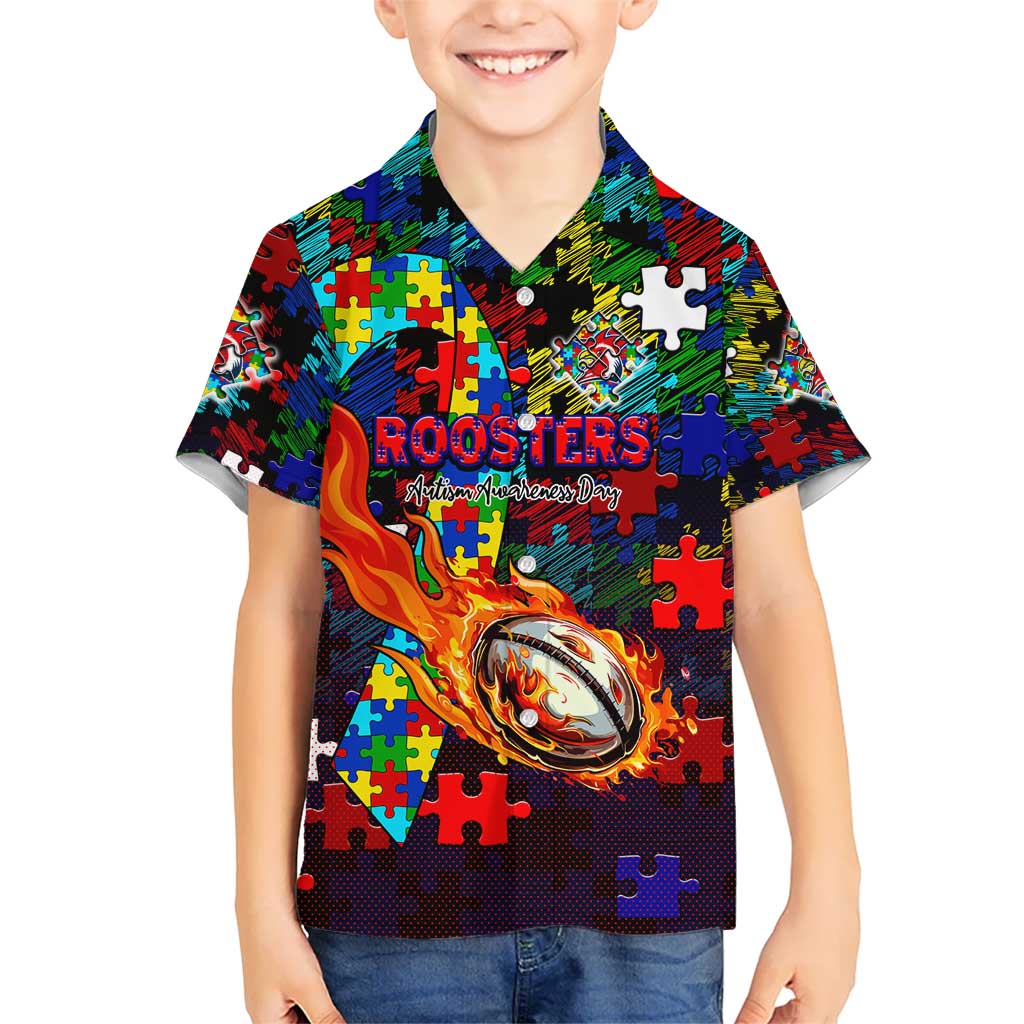 Roosters Autism Awareness Hawaiian Shirt Puzzle Flames Rugby Ball