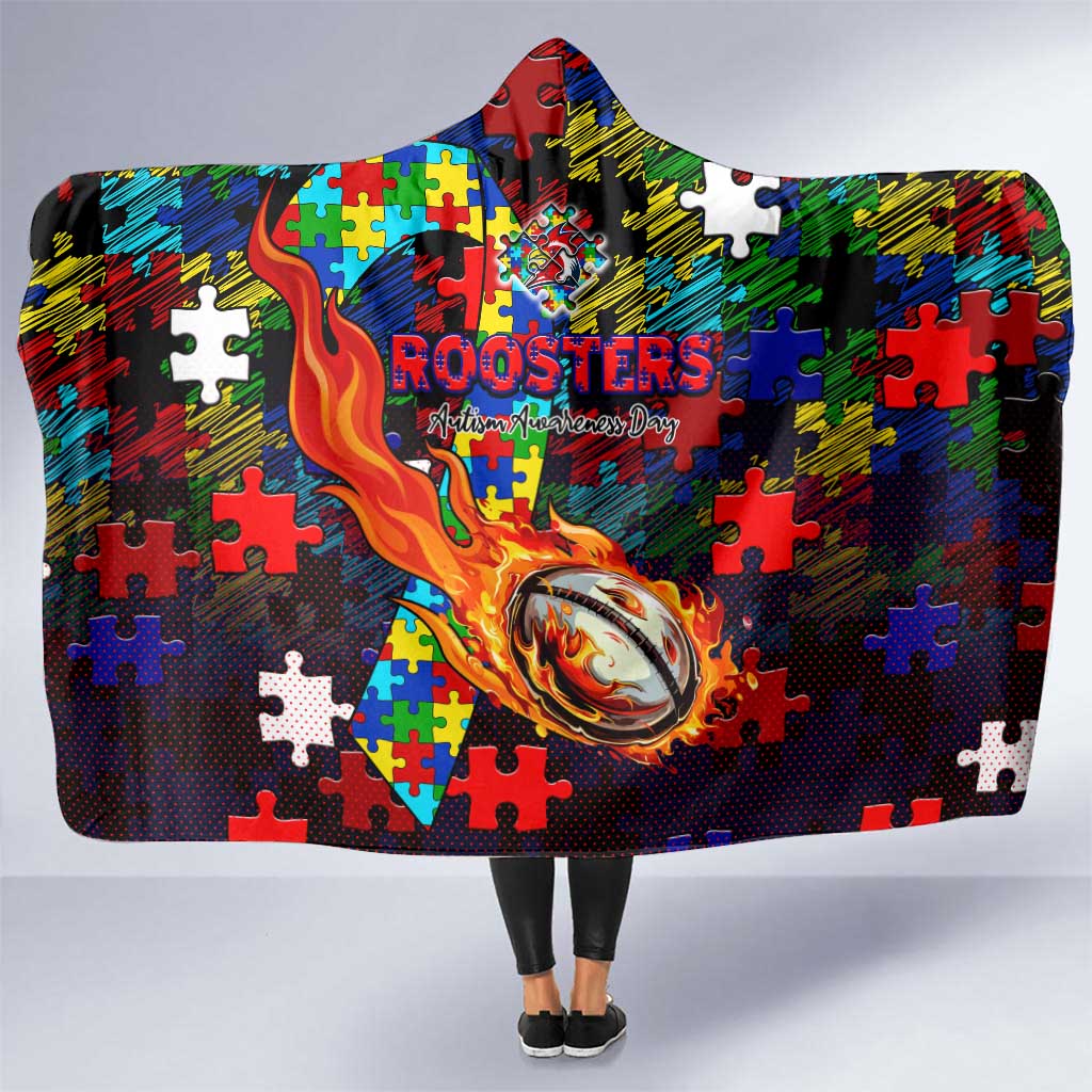 Roosters Autism Awareness Hooded Blanket Puzzle Flames Rugby Ball