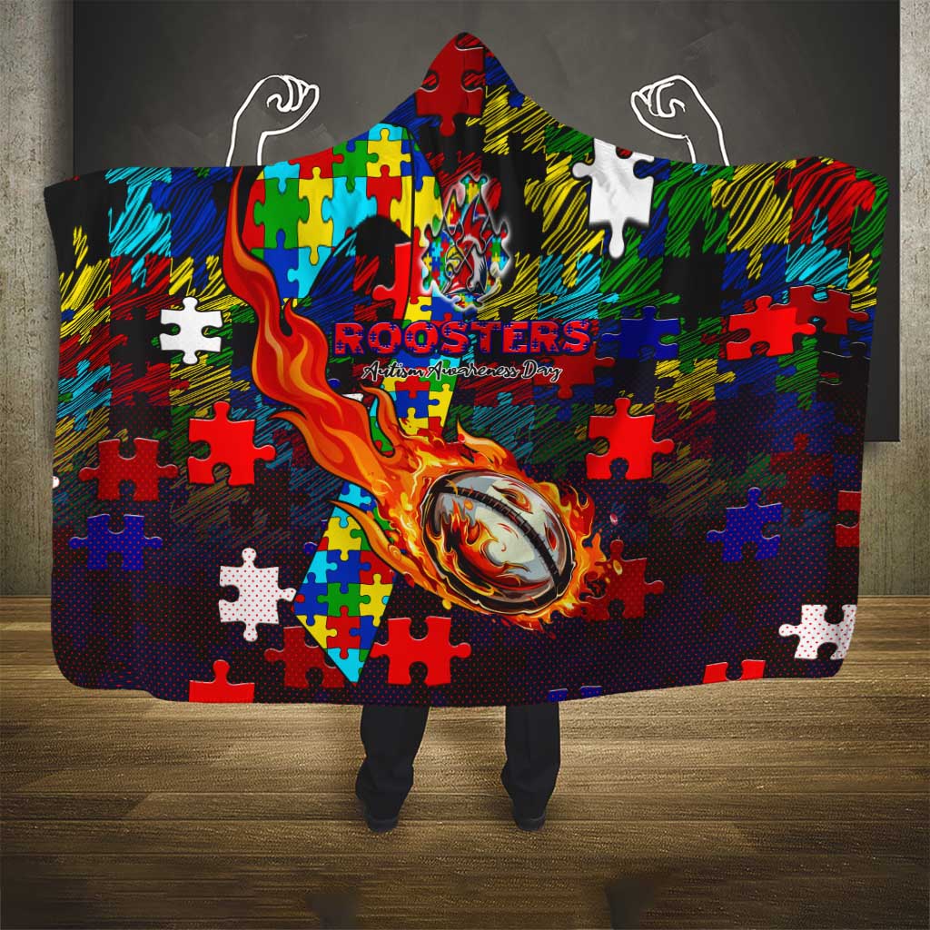 Roosters Autism Awareness Hooded Blanket Puzzle Flames Rugby Ball