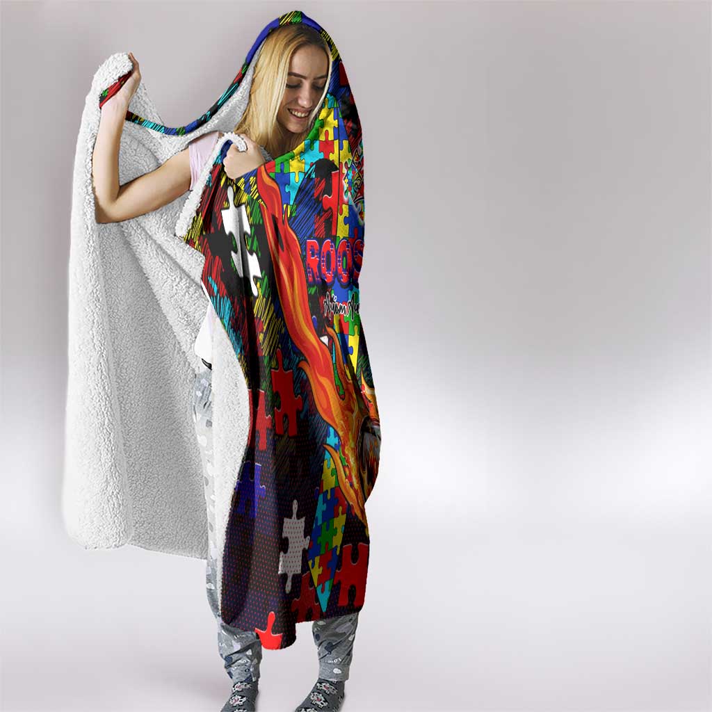Roosters Autism Awareness Hooded Blanket Puzzle Flames Rugby Ball