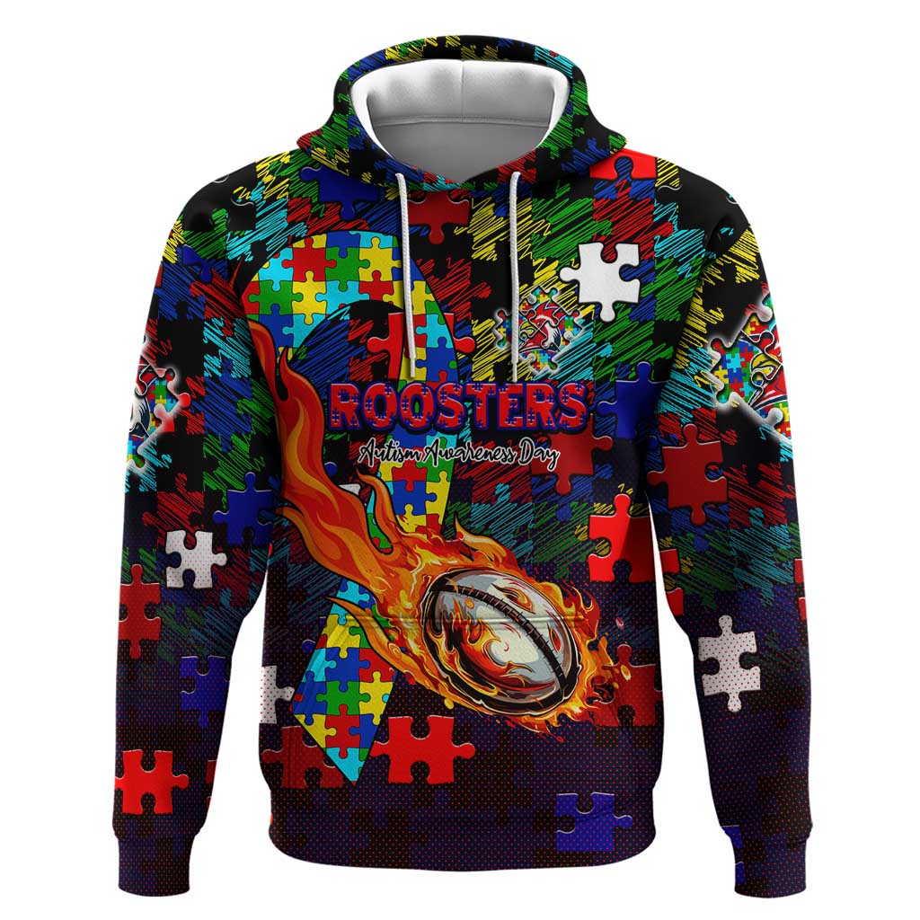 Roosters Autism Awareness Hoodie Puzzle Flames Rugby Ball