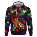 Roosters Autism Awareness Hoodie Puzzle Flames Rugby Ball