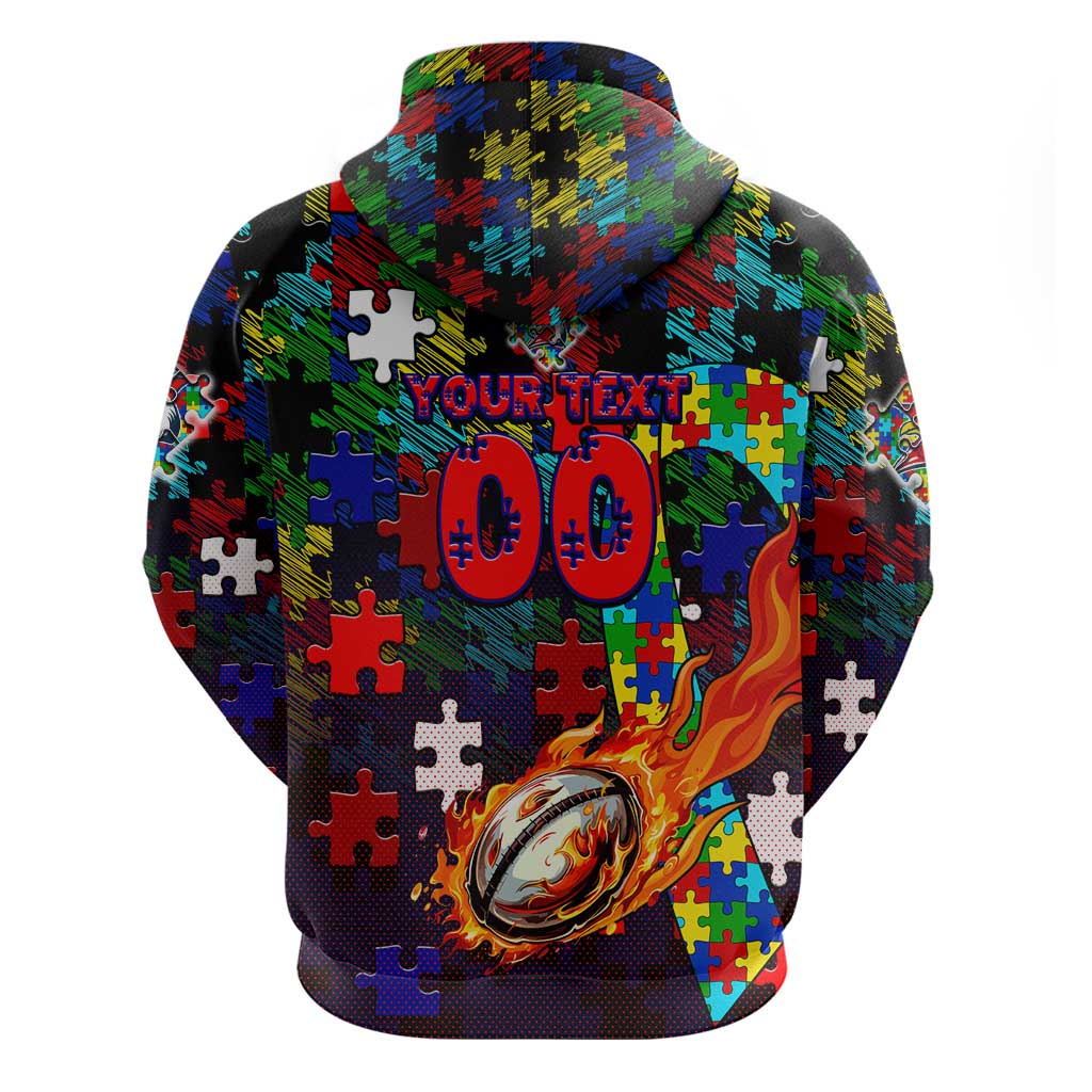 Roosters Autism Awareness Hoodie Puzzle Flames Rugby Ball