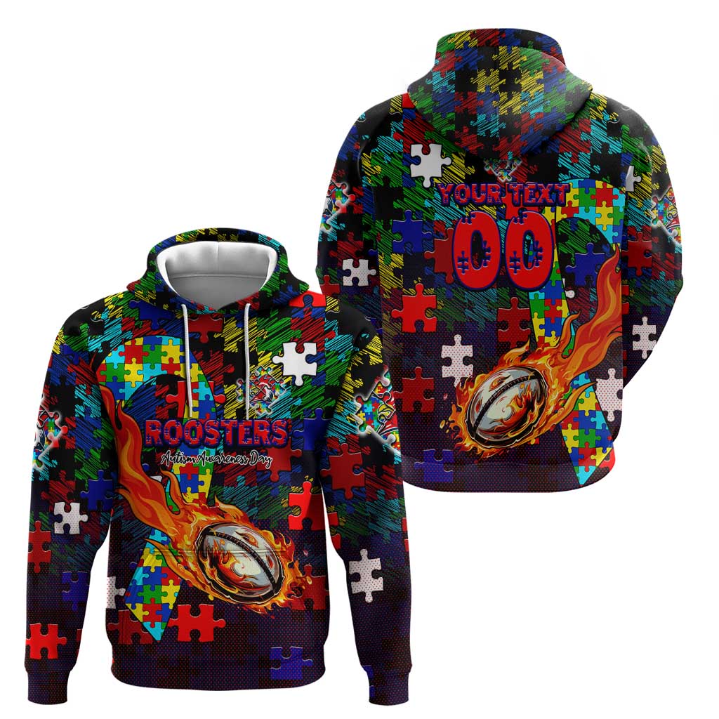 Roosters Autism Awareness Hoodie Puzzle Flames Rugby Ball