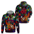 Roosters Autism Awareness Hoodie Puzzle Flames Rugby Ball
