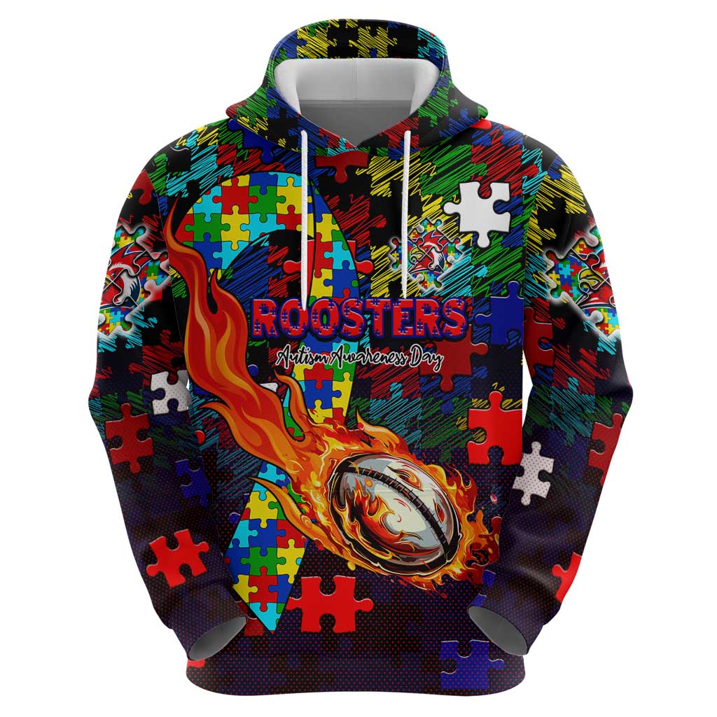 Roosters Autism Awareness Hoodie Puzzle Flames Rugby Ball