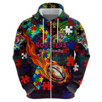 Roosters Autism Awareness Hoodie Puzzle Flames Rugby Ball