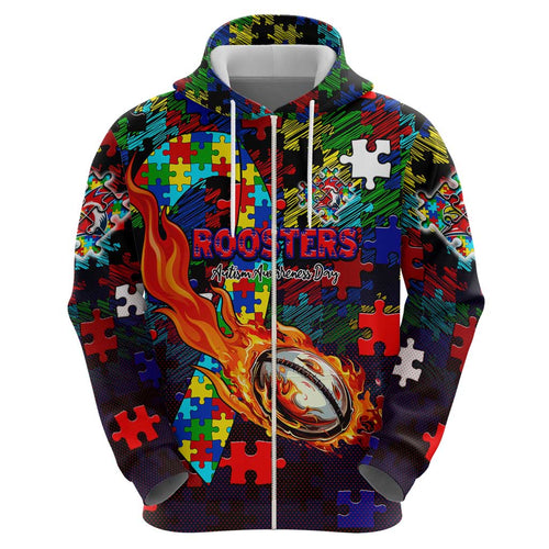 Roosters Autism Awareness Hoodie Puzzle Flames Rugby Ball