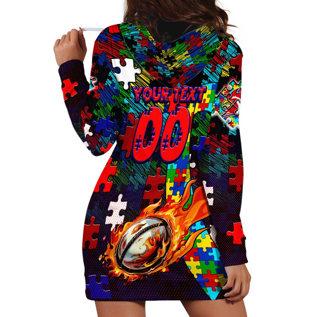 Roosters Autism Awareness Hoodie Dress Puzzle Flames Rugby Ball