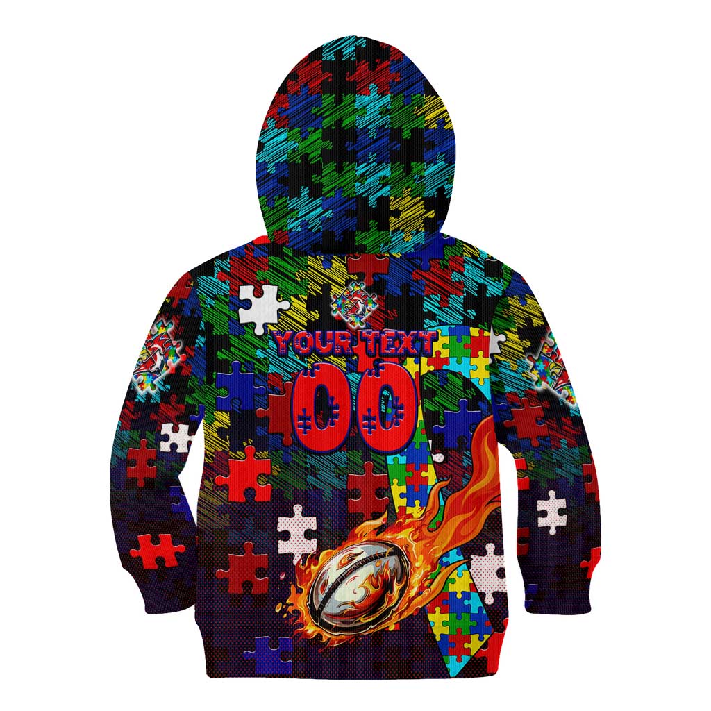 Roosters Autism Awareness Kid Hoodie Puzzle Flames Rugby Ball