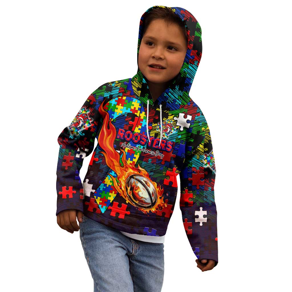 Roosters Autism Awareness Kid Hoodie Puzzle Flames Rugby Ball