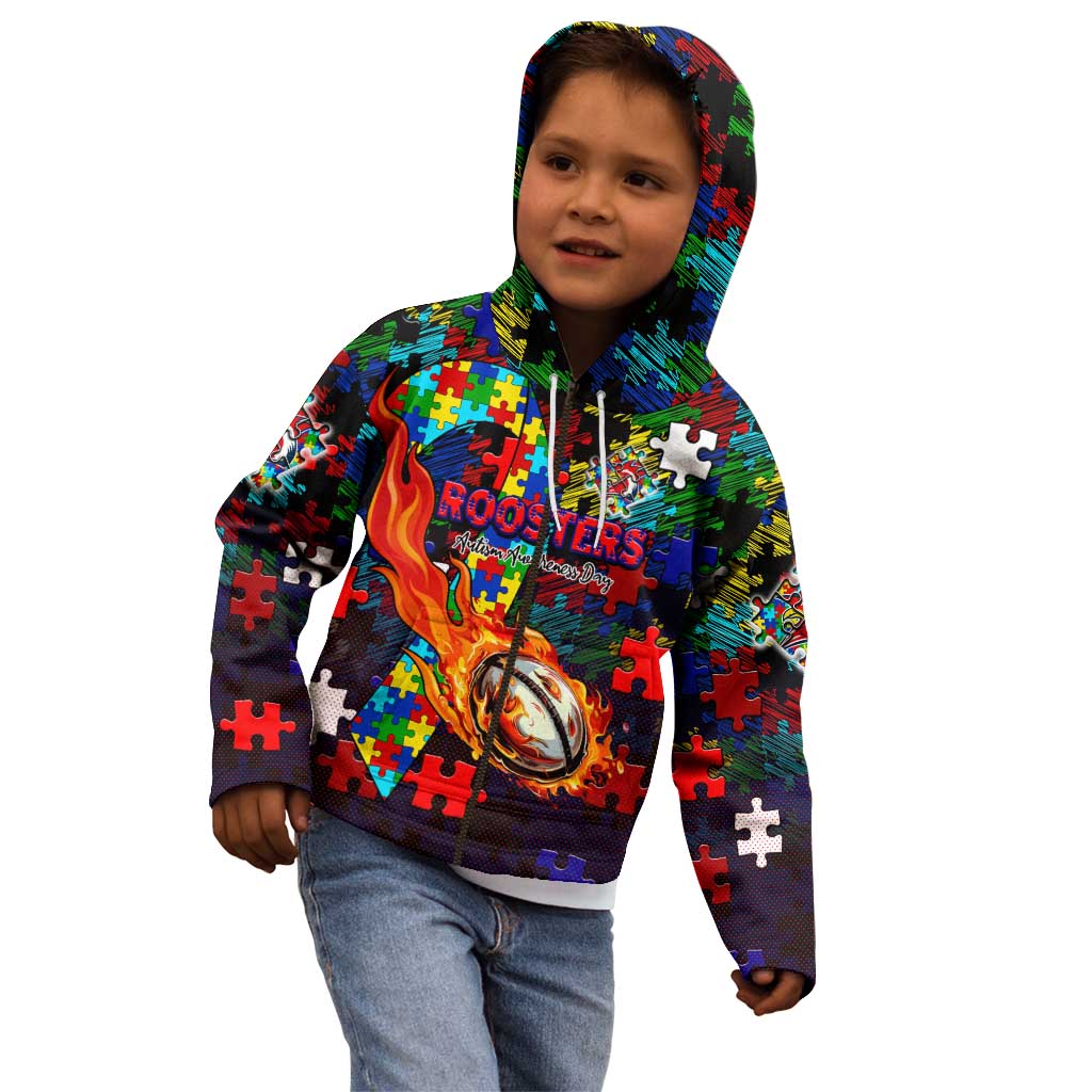 Roosters Autism Awareness Kid Hoodie Puzzle Flames Rugby Ball