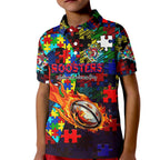 Roosters Autism Awareness Kid Polo Shirt Puzzle Flames Rugby Ball