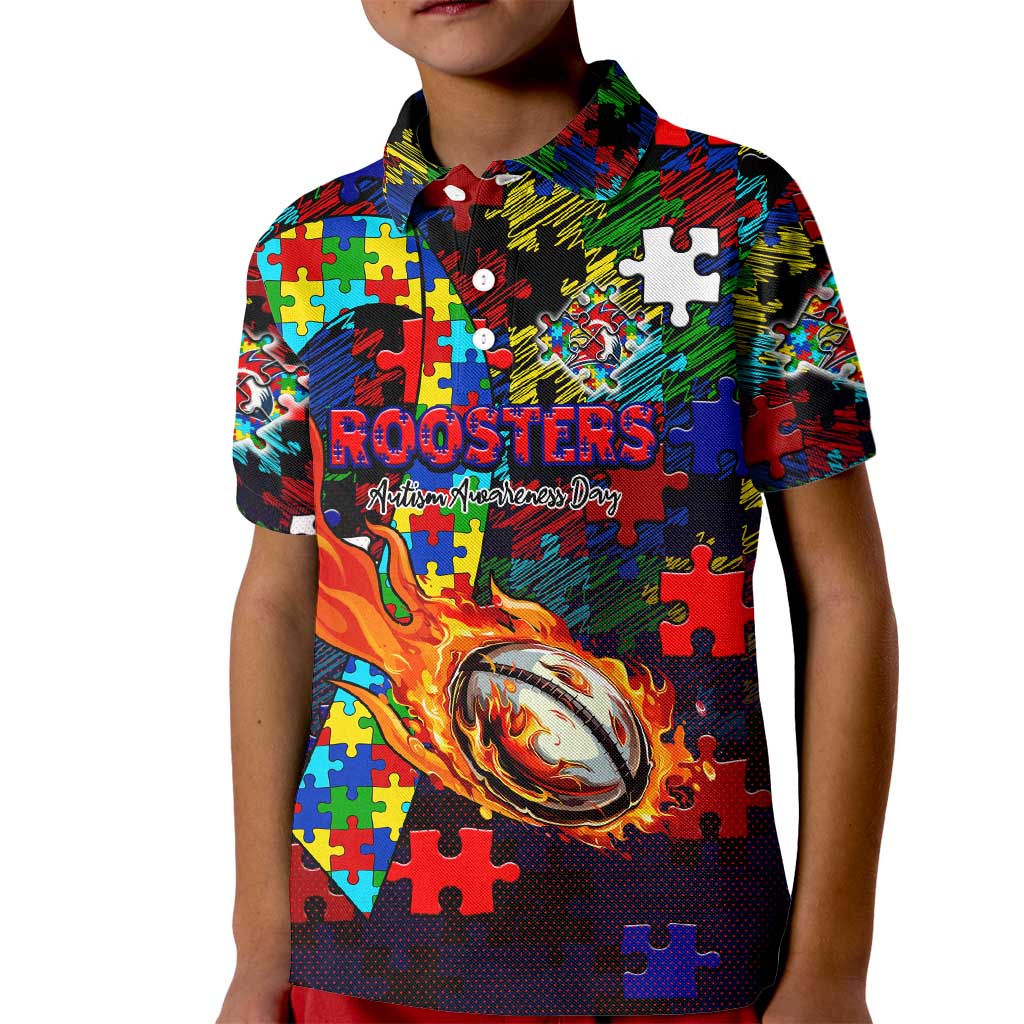 Roosters Autism Awareness Kid Polo Shirt Puzzle Flames Rugby Ball