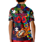 Roosters Autism Awareness Kid Polo Shirt Puzzle Flames Rugby Ball