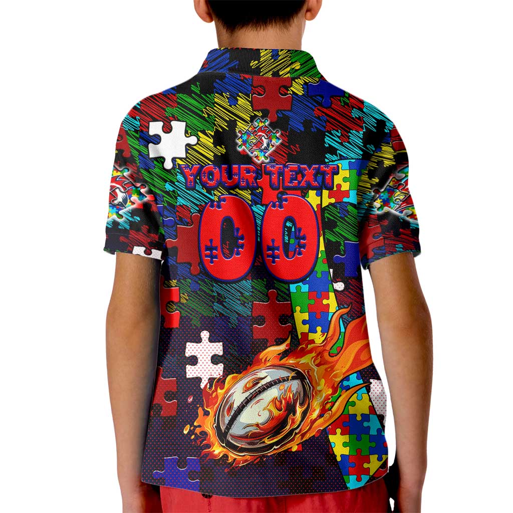 Roosters Autism Awareness Kid Polo Shirt Puzzle Flames Rugby Ball