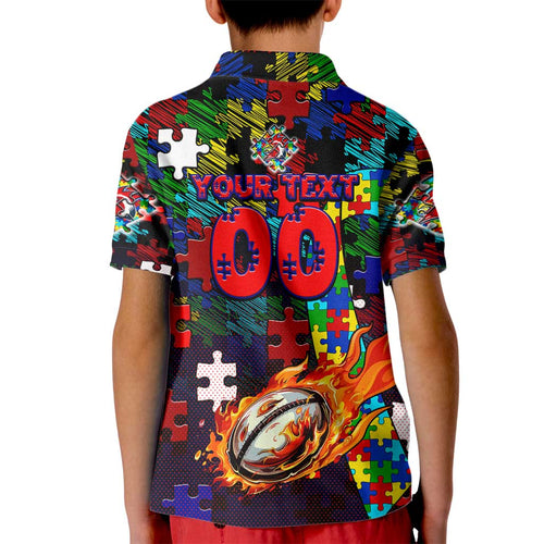 Roosters Autism Awareness Kid Polo Shirt Puzzle Flames Rugby Ball