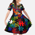Roosters Autism Awareness Kid Short Sleeve Dress Puzzle Flames Rugby Ball