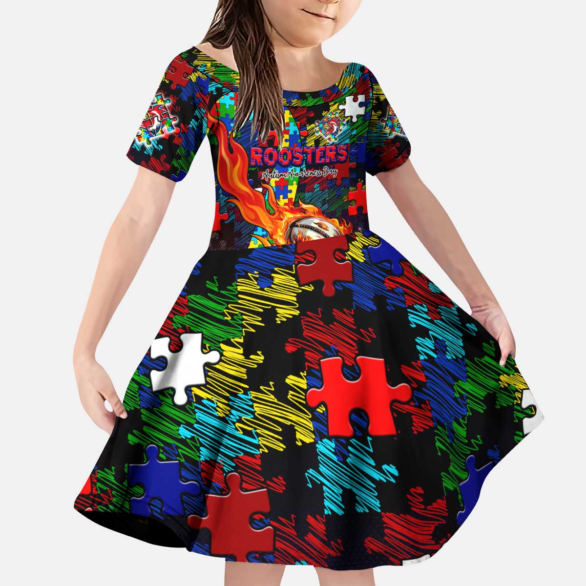 Roosters Autism Awareness Kid Short Sleeve Dress Puzzle Flames Rugby Ball