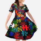 Roosters Autism Awareness Kid Short Sleeve Dress Puzzle Flames Rugby Ball