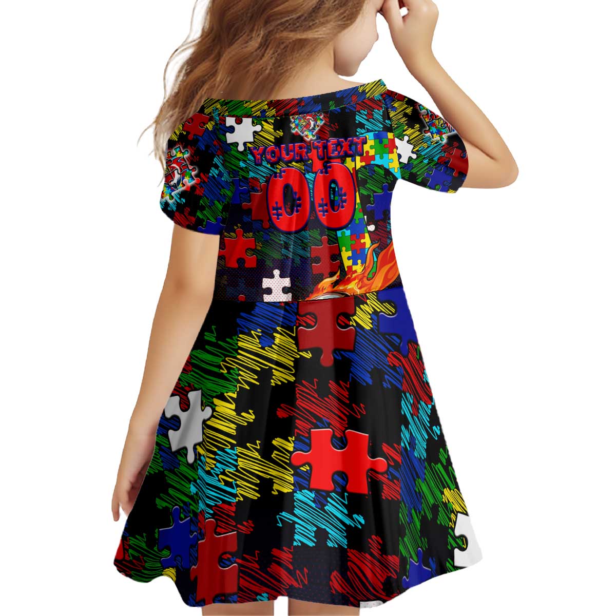 Roosters Autism Awareness Kid Short Sleeve Dress Puzzle Flames Rugby Ball
