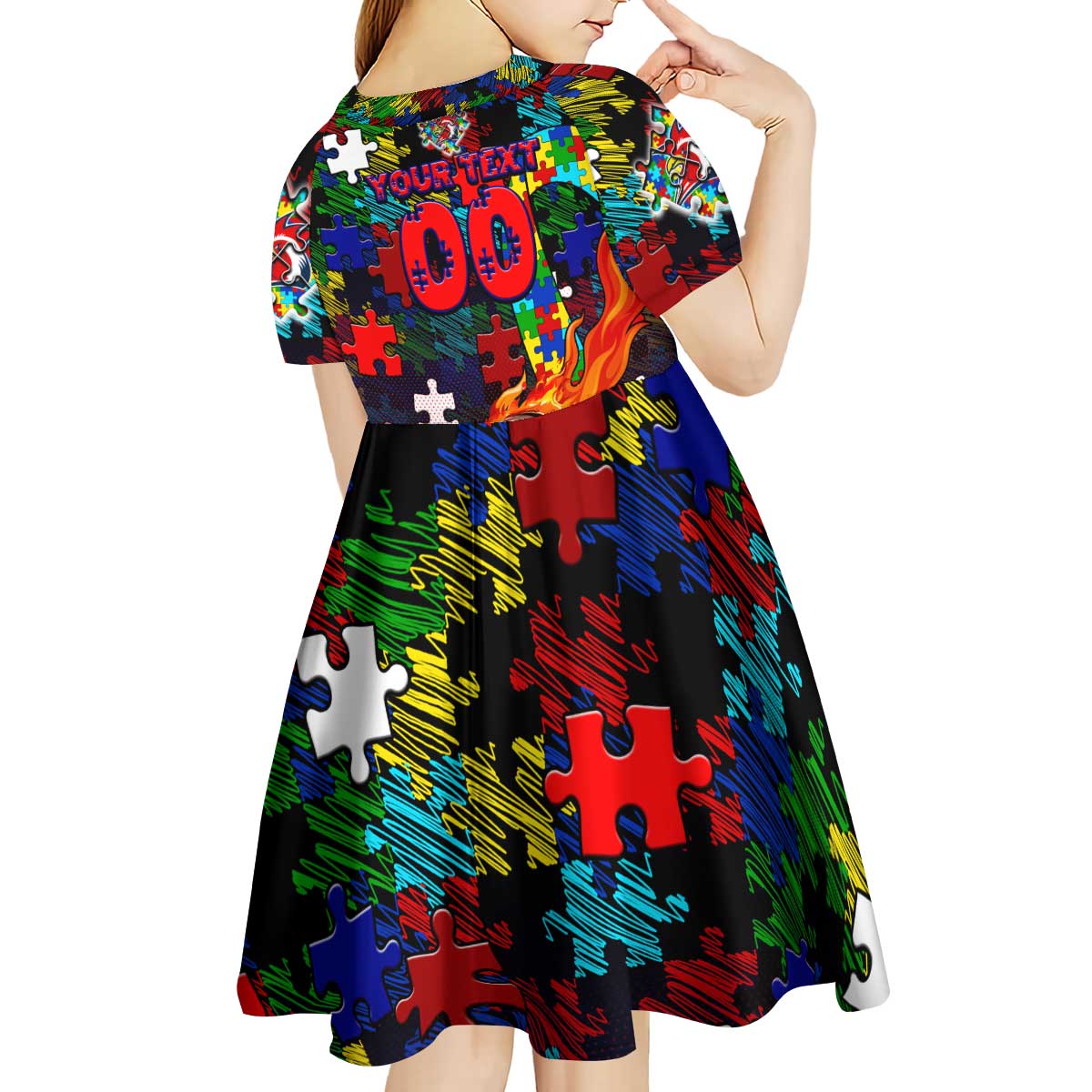 Roosters Autism Awareness Kid Short Sleeve Dress Puzzle Flames Rugby Ball