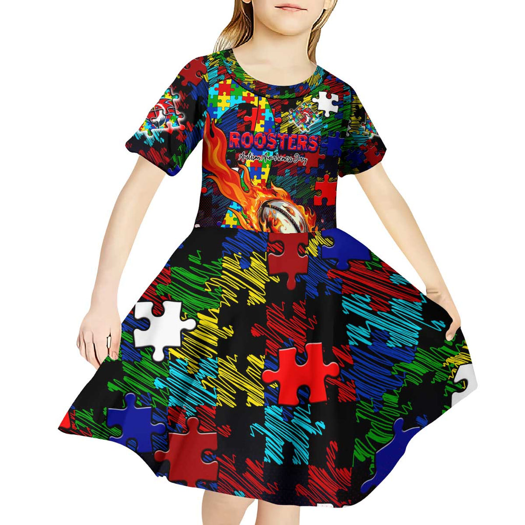 Roosters Autism Awareness Kid Short Sleeve Dress Puzzle Flames Rugby Ball