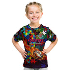 Roosters Autism Awareness Kid T Shirt Puzzle Flames Rugby Ball