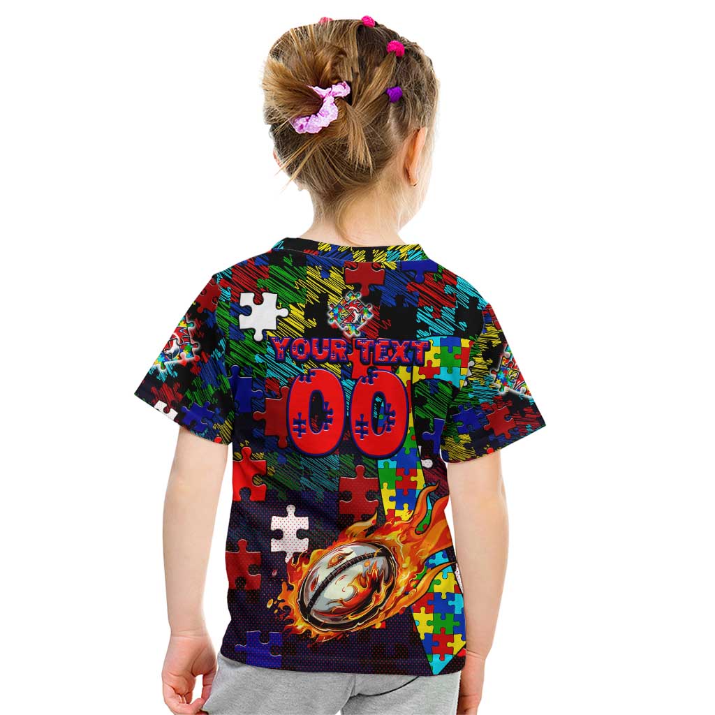 Roosters Autism Awareness Kid T Shirt Puzzle Flames Rugby Ball