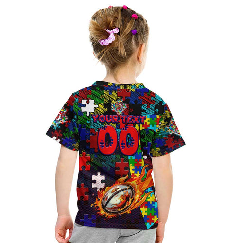 Roosters Autism Awareness Kid T Shirt Puzzle Flames Rugby Ball