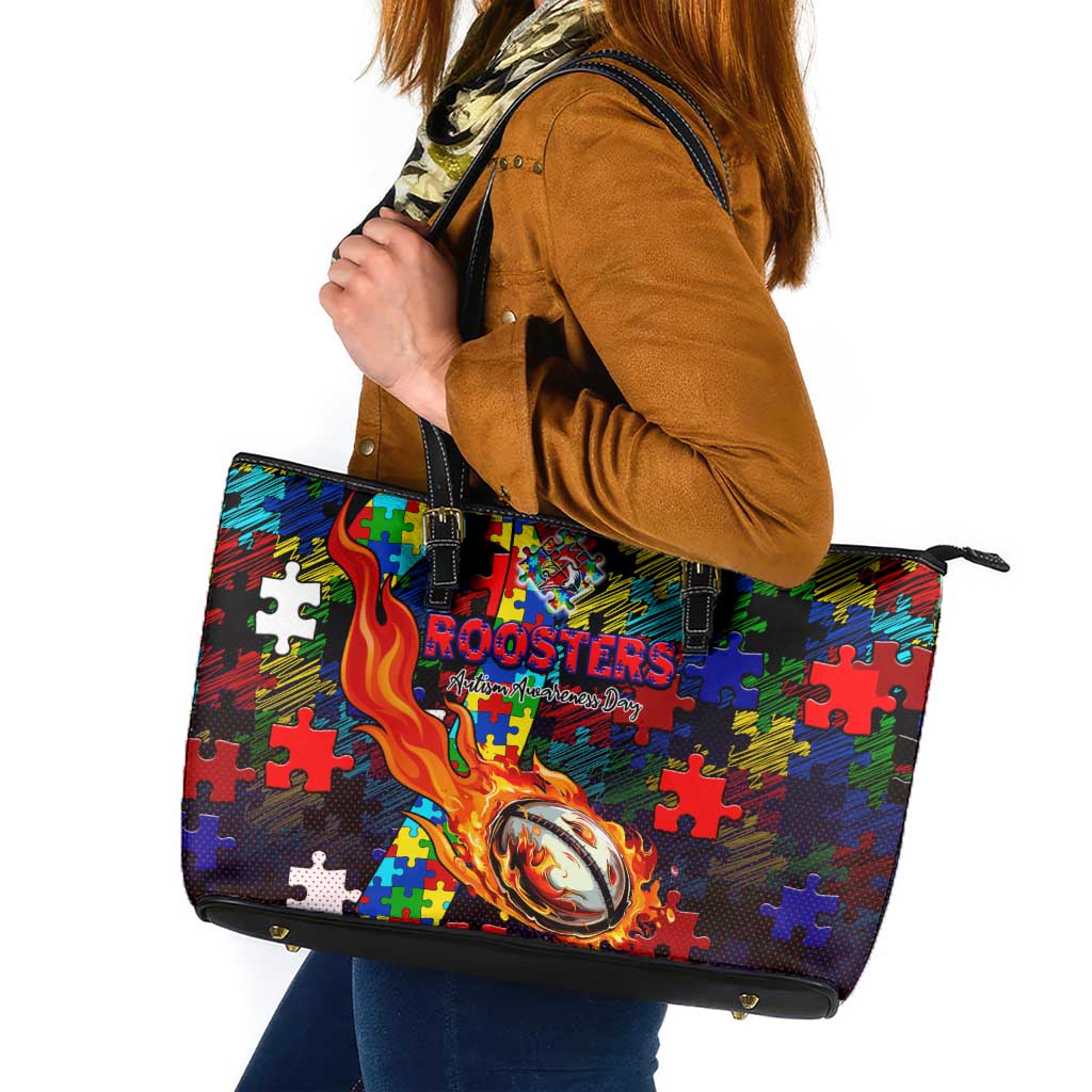 Roosters Autism Awareness Leather Tote Bag Puzzle Flames Rugby Ball