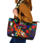 Roosters Autism Awareness Leather Tote Bag Puzzle Flames Rugby Ball