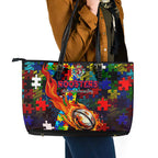 Roosters Autism Awareness Leather Tote Bag Puzzle Flames Rugby Ball