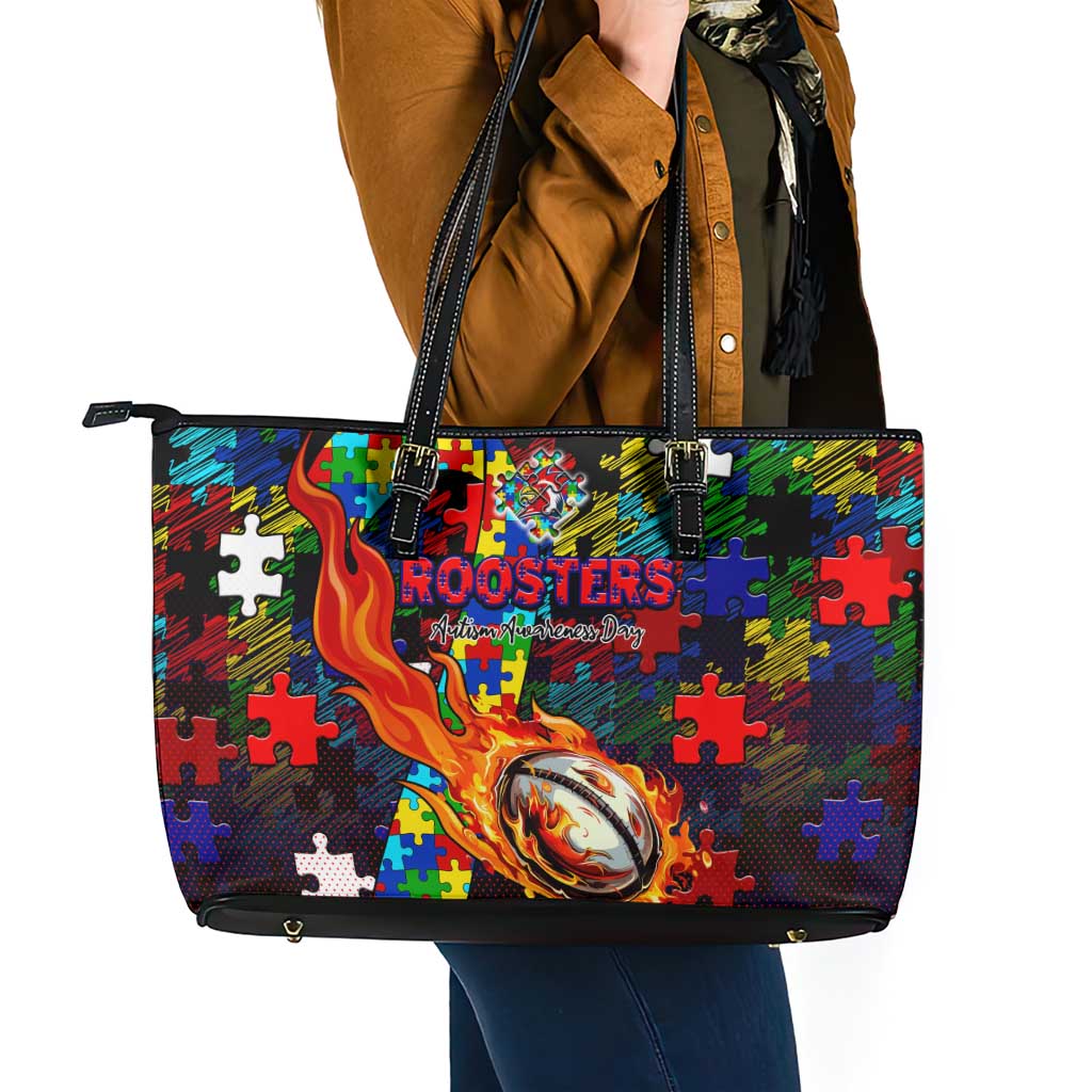 Roosters Autism Awareness Leather Tote Bag Puzzle Flames Rugby Ball