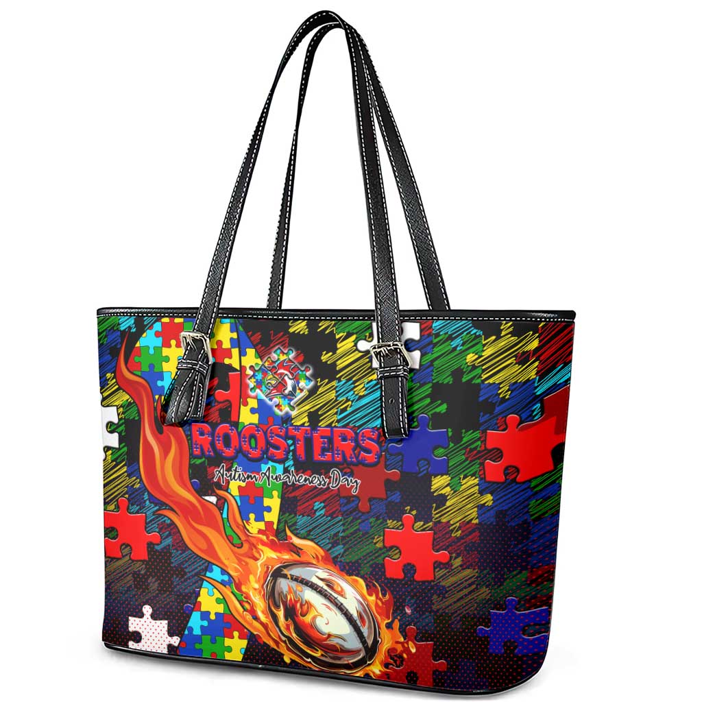 Roosters Autism Awareness Leather Tote Bag Puzzle Flames Rugby Ball