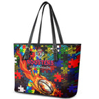 Roosters Autism Awareness Leather Tote Bag Puzzle Flames Rugby Ball