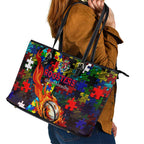 Roosters Autism Awareness Leather Tote Bag Puzzle Flames Rugby Ball